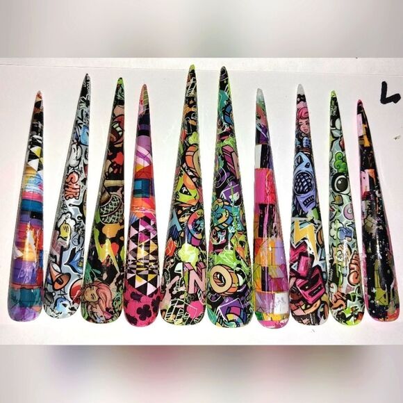 Hand crafted custom print 10pc 3xl acrylic press on nails sz Large - Picture 6 of 7
